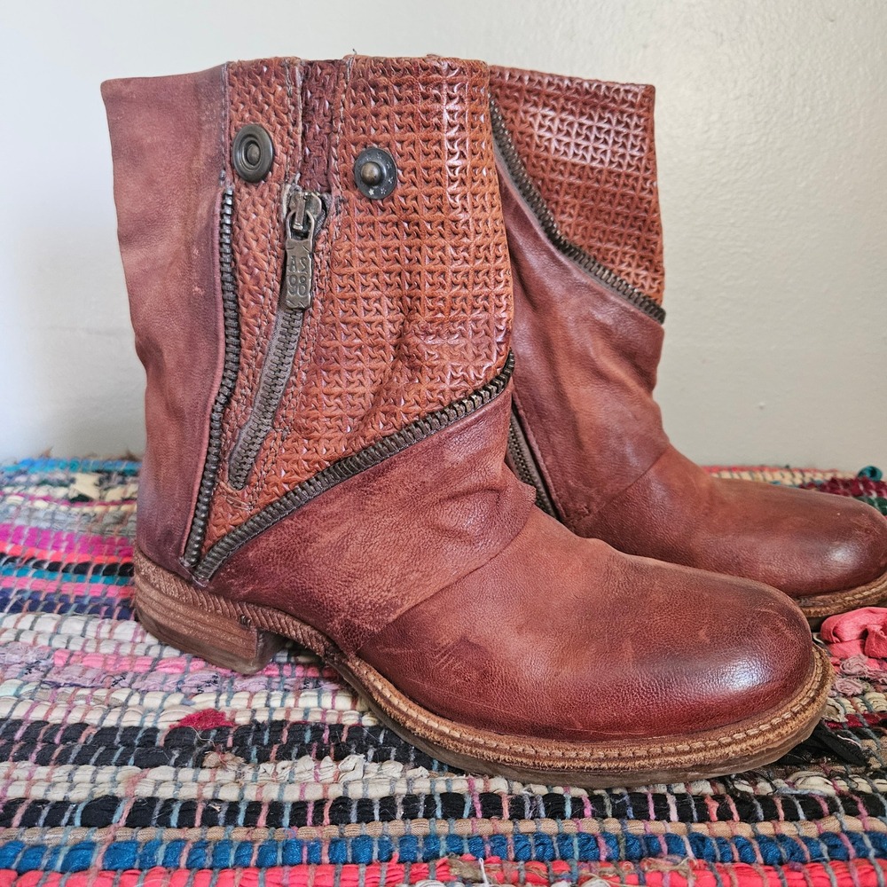 A.S.98 Leather Booties Sz 39 8.5 9 Brown Perforated Zipper Boho Boots Shoes